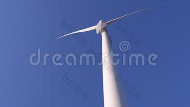 能源生产，白色风车叶片在空中旋转对抗天堂